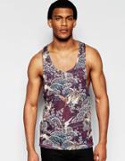 Asos Linen Look Vest With All Over Print And Extreme Racer Back - Burgandy