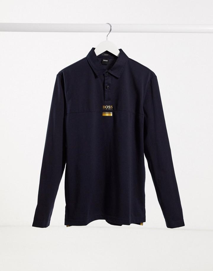 Boss Athleisure Plisy 1 Contrast Logo Long Sleeve Polo In Navy/ Gold