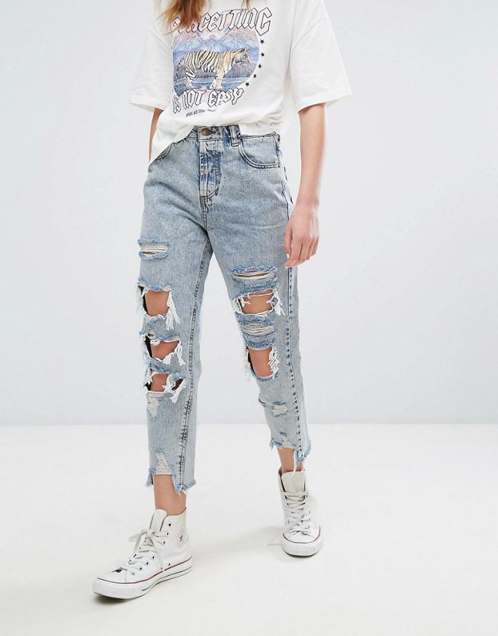 Pull & Bear Bleached Super Distressed Mom Jeans - Blue