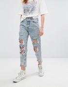 Pull & Bear Bleached Super Distressed Mom Jeans - Blue