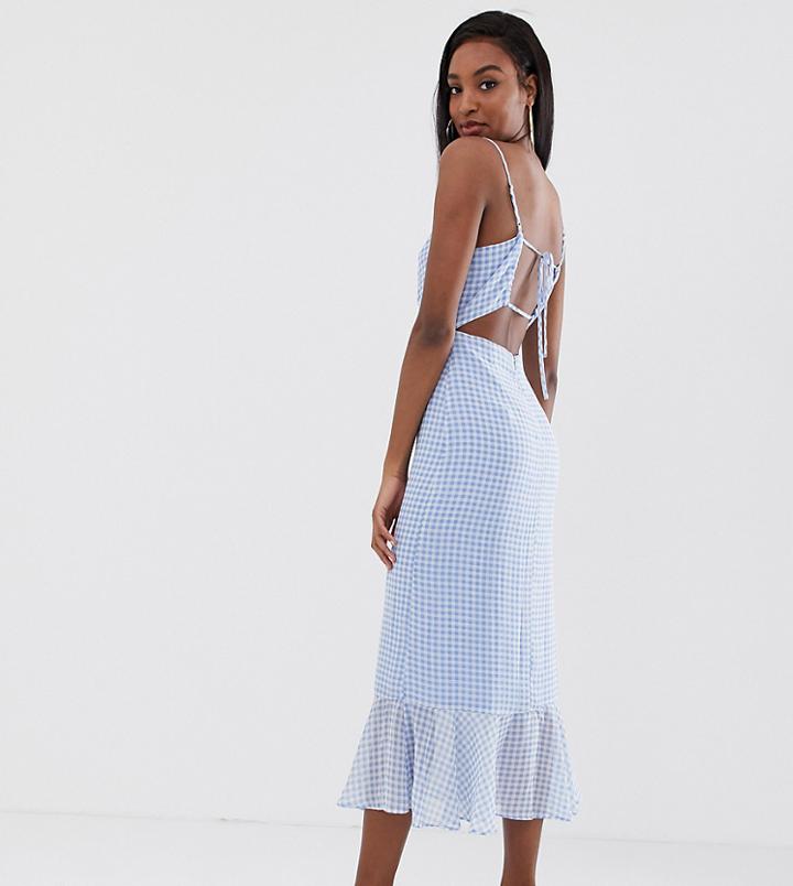 Fashion Union Tall Cami Midi Dress With Peplum Hem And Lace Up Back In Gingham - Blue