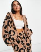 Asos Design Lounge Mix & Match Animal Print Fleece Hoodie In Brown