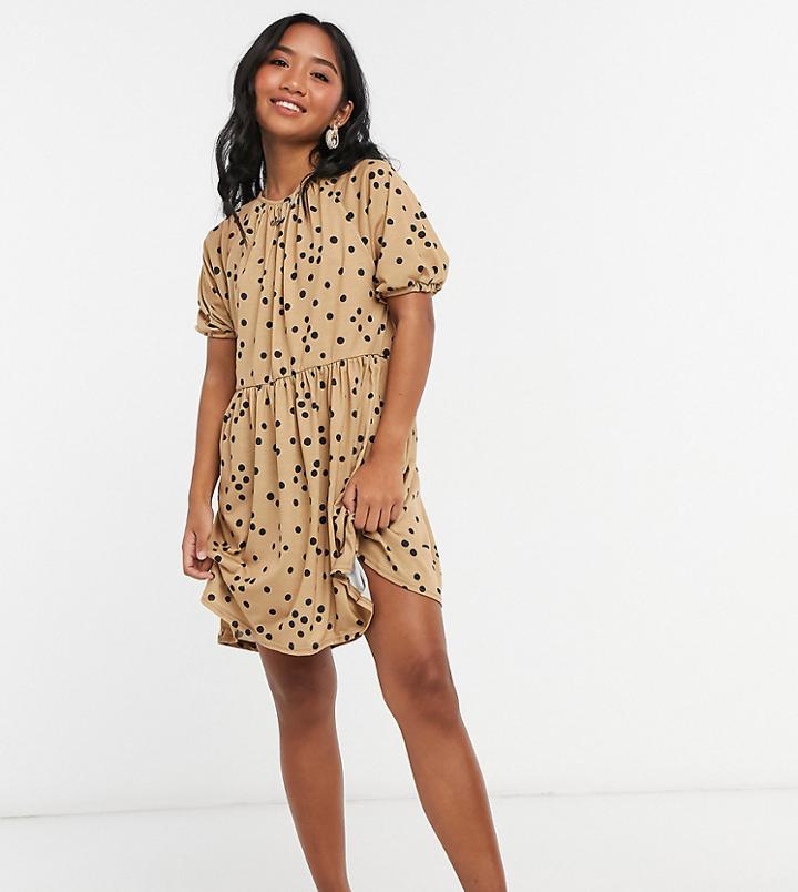 Asos Design Petite Gathered Neck Mini Smock Dress In Camel And Black Polka Dot-brown