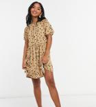 Asos Design Petite Gathered Neck Mini Smock Dress In Camel And Black Polka Dot-brown