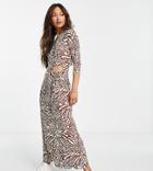 Stradivarius Long Sleeve Midi Dress With Cut Out Detail In Abstract Animal-multi