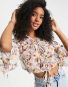 Asos Design Long Sleeve Textured Top With Tie Front In Tonal Floral Print-multi