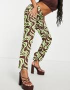 Asos Design Hourglass Satin Flare Pant In Mint And Chocolate Swirl Print - Part Of A Set-green
