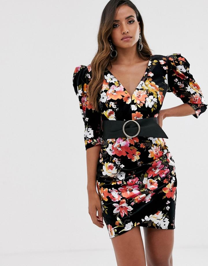 Bronx & Banco Saint Printed Velvet Puff Sleeve Mini Dress-multi