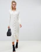 Asos Design Rib Maxi Polo Shirt Dress With Horn Buttons - White