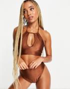 Asos Design Mix And Match Slinky Keyhole High Neck Bikini Top In Brown