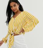 Asos Design Petite Long Sleeve Button Front Top With Tie Detail In Stripe - Multi