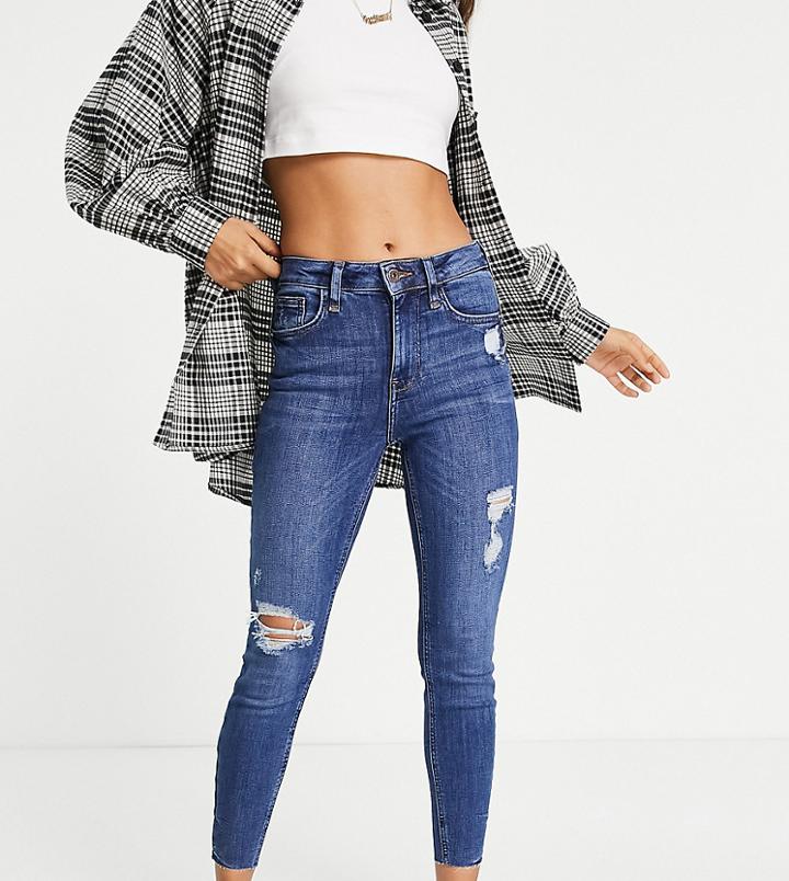 River Island Petite Ripped Raw Hem High Rise Skinny Jeans In Mid Auth Blue-blues