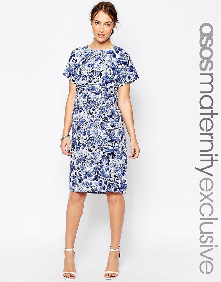 Asos Maternity Waterfall Dress In China Blue Print - Multi
