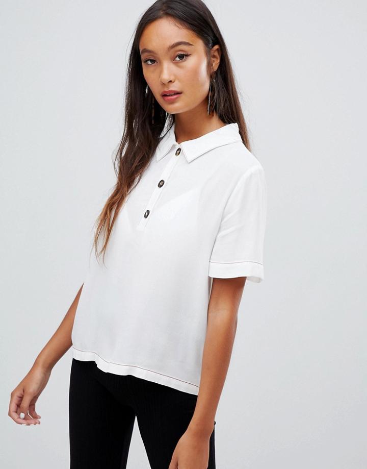 Bershka Contrast Stitch Button Top Blouse - White