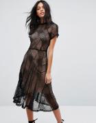 Goldie Flaired Diamond Shape Lace Midi Flair Dress With Separate Bias Cut Chiffon Slip Dress - Black
