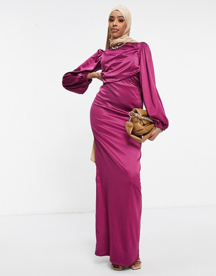 Asos Design Stretch Satin Long Sleeve Tuck Maxi Dress In Plum-purple