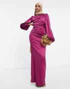 Asos Design Stretch Satin Long Sleeve Tuck Maxi Dress In Plum-purple