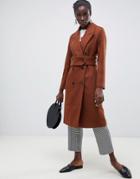 Selected Wool Double Breasted Midi Length Coat - Brown