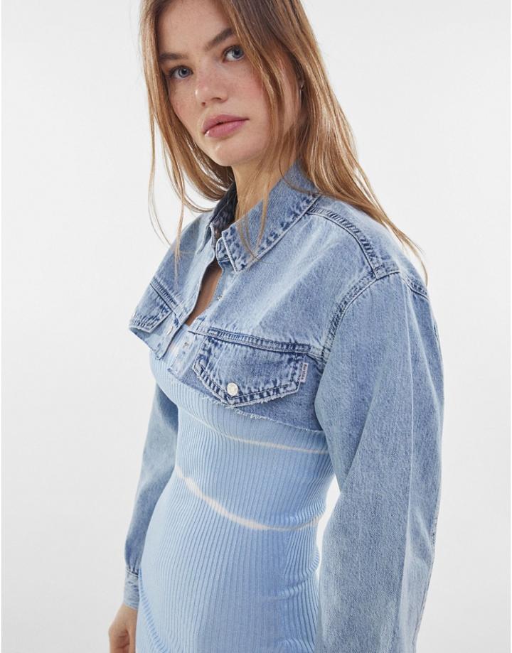Bershka Extreme Crop Denim Jacket In Blue-blues