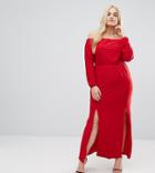 Club L Plus Bardot Maxi Dress With Split - Red