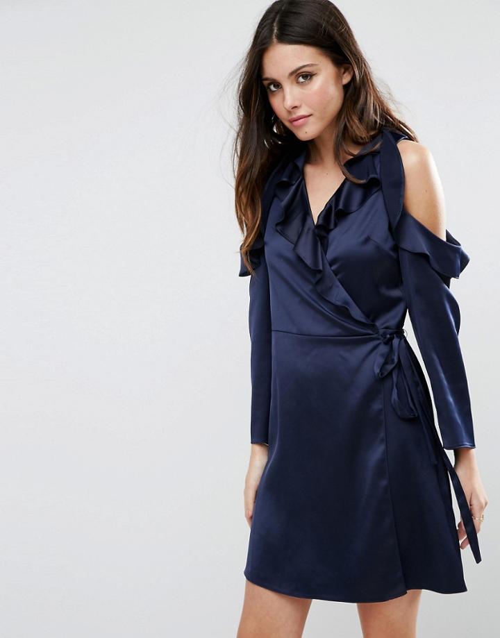 Asos Wrap Front Tea Dress In Satin - Navy