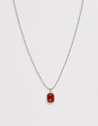 Asos Design Necklace With Red Jewel Pendant And Ball Chain In Silver Tone