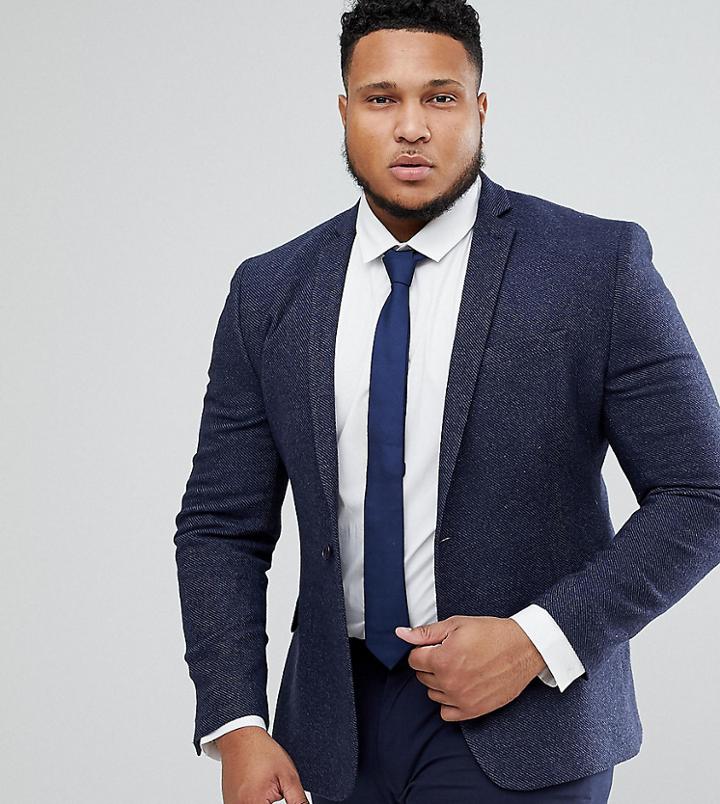 Asos Plus Super Skinny Texture Blazer In Navy Wool Mix - Navy