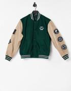 Asos Design Real Leather Varsity Jacket In Green With Badging