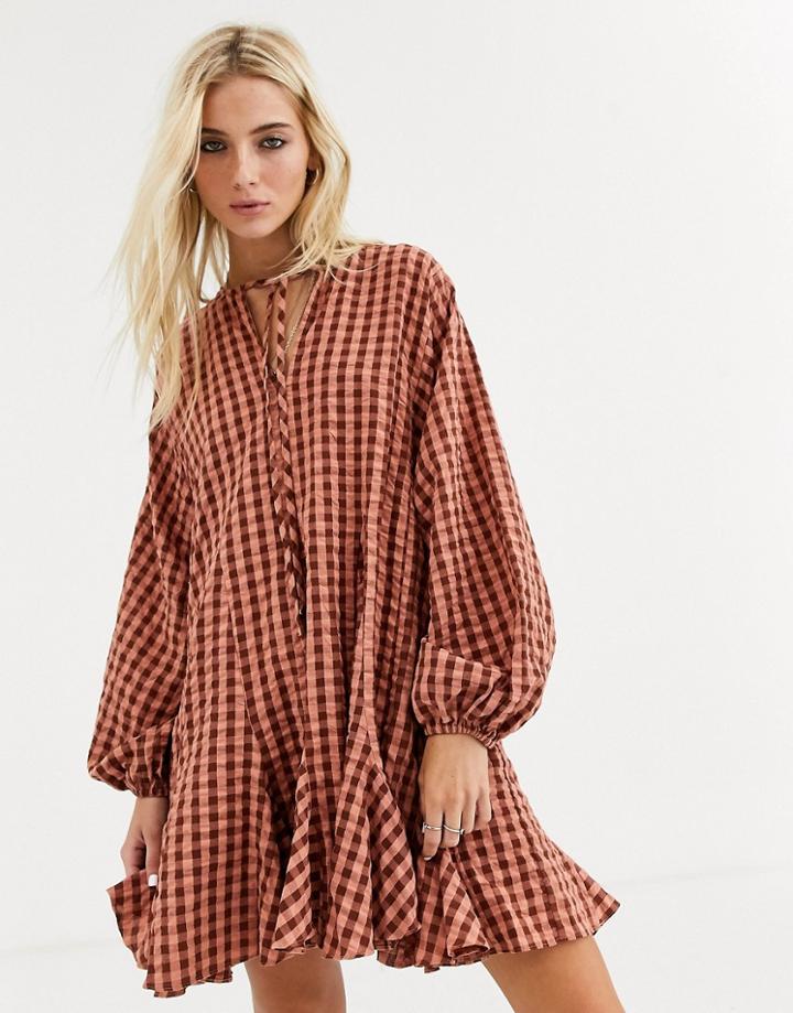 Asos Design Trapeze Mini Dress With Godets In Seersucker Check-multi