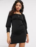 Only Mini Dress With Square Neck And Shirred Sleeves In Black