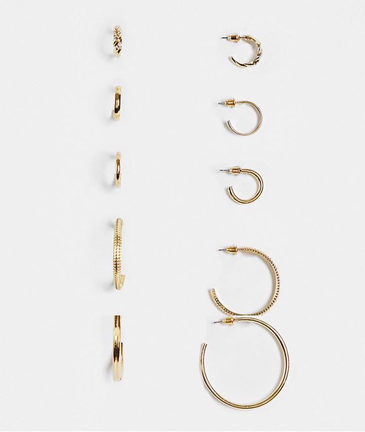 Asos Design Pack Of 5 Hoops In Everyday Minimal Designs In Gold Tone