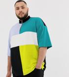 Asos Design Plus Oversized T-shirt With Turtle Zip Neck And Half Sleeve With Color Block And Side Vents - Multi