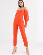 Asos Design Off Shoulder Structured Sleeve Jumpsuit With Sweetheart Neck