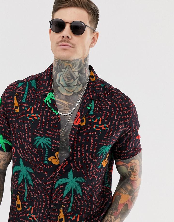 Asos Design Relaxed Shirt With Conversational Palm - Black