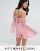 Missguided Petite Bardot Fluted Sleeve Lace Romper - Pink