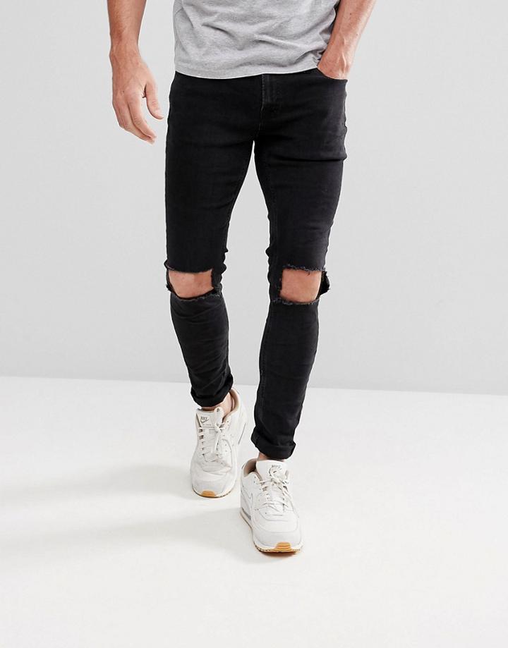 Jack & Jones Intelligence Jeans In Skinny Fit With Open Rip Knee - Black