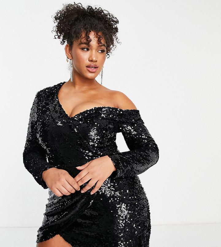 Lavish Alice Plus Velvet Sequin Asymmetric Mini Dress In Black