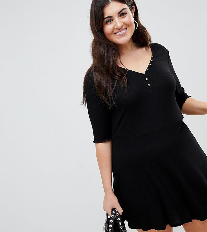 Asos Design Curve V Neck Skater Dress With Buttons - Black