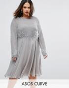 Asos Curve Embellished Tassel Long Sleeve Midi Dress - Gray