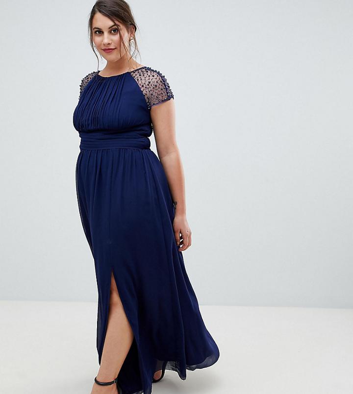 Little Mistress Plus Embellished Sleeve Maxi Dress In Navy - Navy