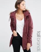 Noisy May Tall Parka Jacket With Faux Fur Trim Hood - Brown