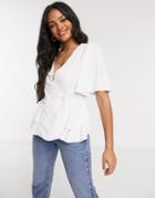 Asos Design Tux Top With Angel Sleeve And Button Detail In Ivory-white