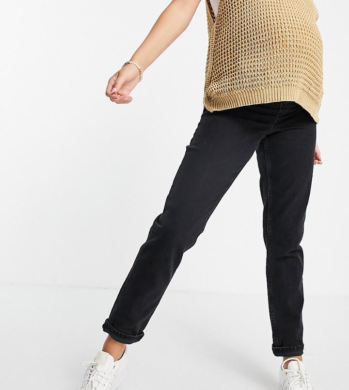 Asos Design Maternity High Rise Farleigh 'slim' Mom Jeans In Washed Black With Under The Bump Waistband