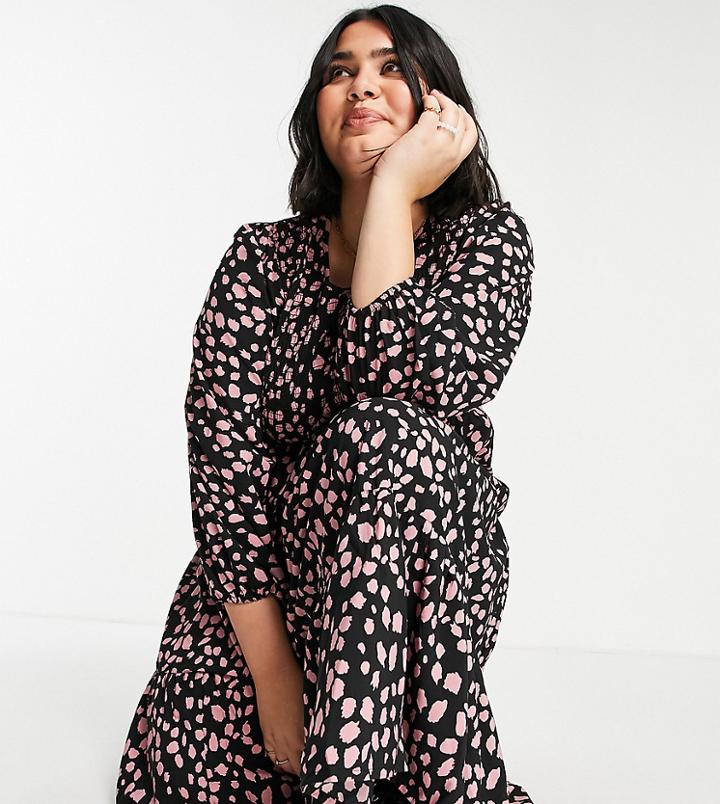 Yours Balloon Sleeve Shirred Dress In Black And Pink Print