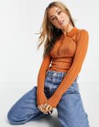 Asos Design Zip Through Sweater With Pointelle Stitch In Dark Orange
