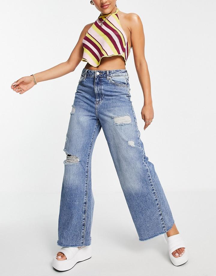 New Look Ripped Dad Jean In Mid Blue
