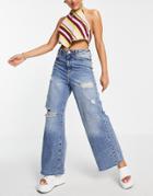 New Look Ripped Dad Jean In Mid Blue