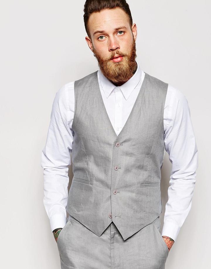 Asos Slim Fit Vest In 100% Linen - Gray