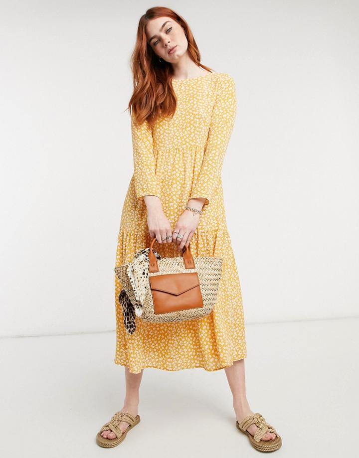 Asos Design Long Sleeve Tiered Smock Midi Dress In Mustard Floral-multi