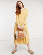 Asos Design Long Sleeve Tiered Smock Midi Dress In Mustard Floral-multi